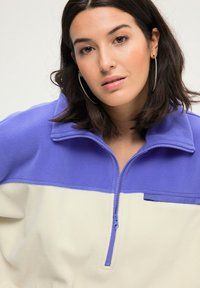 Fleece Pullover mit Viertel-Reißverschluss, der im oberen Abschnitt lavendelfarben und im unteren Abschnitt cremefarben ist, mit einer kleinen Tasche und Reißverschlussdetails.