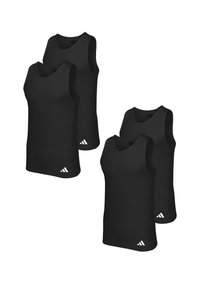 Camisetas sin mangas negras con un cuello redondeado, diseño sin mangas y acentos de logotipo blanco en el lado inferior. Incluye cuatro camisetas.