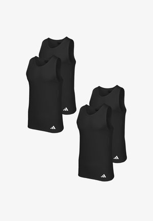 Czarne topy bez rękawów z zaokrąglonym dekoltem, których wyróżniające się białe logo znajduje się na dolnej stronie. Zestaw zawiera cztery topy.