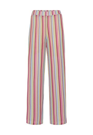 Pantalon à jambes larges avec des rayures verticales pastel en rose, bleu clair, beige et rouge, doté d'une taille élastique et d'un tissu texturé.