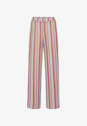 Pantalon à jambes larges avec des rayures verticales pastel en rose, bleu clair, beige et rouge, doté d'une taille élastique et d'un tissu texturé.