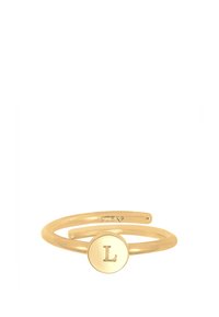 Minimalistischer, vergoldeter Ring mit einem runden Fassungsring und einem eingelegten, erhöhten "L", gefertigt aus Sterlingsilber mit einer glatten, glänzenden Oberfläche.