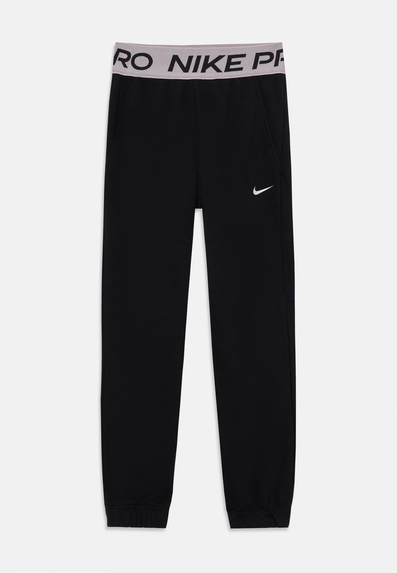 Juodi treninginiai šortai su pilku elastiniu juosmeniu, ant kurio yra užrašas "NIKE PRO". Yra šoninės kišenės ir mažas baltas Nike logotipas. Elastinės rankovės kulkšnyse.