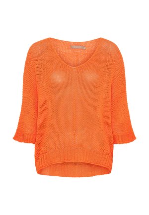 Orange strikket sweater med V-hals, brede ærmer og løs pasform. Har et struktureret mønster og ribbet kant. Letvægtsdesign.