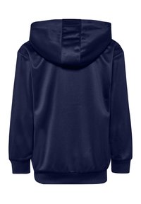 Marineblaues Kapuzensweatshirt mit glatter Textur, ausgestattet mit einer zentralen Rückennaht und gerippten Bündchen am Saum und an den Ärmeln.
