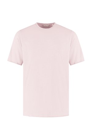 Lyserosa kortermet t-skjorte med rund hals, ensfarget design og myk tekstur, vist på hvit bakgrunn.