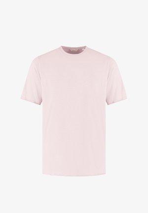 Lyserosa kortermet t-skjorte med rund hals, ensfarget design og myk tekstur, vist på hvit bakgrunn.