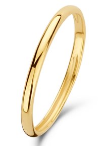 Anello d'oro con una finitura liscia e lucidata. Presenta una fascia sottile e arrotondata, con una forma uniforme e una texture lucida.