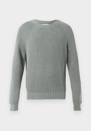 Lysegrøn strikket sweater med lange ærmer, rund halsudskæring og tekstureret finish. Har horisontal ribstruktur og tætsiddende manchetter.