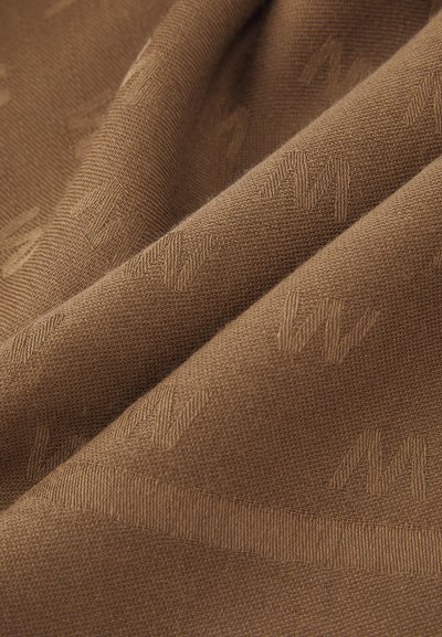 Brown fabric with a textured weave, featuring a subtle embossed pattern of 'M' and uniform color throughout. Soft and smooth texture.