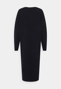 Abito nero a maniche lunghe, lunghezza al ginocchio, con una vestibilità ampia, scollatura tonda e texture liscia. Design minimalista senza fantasie o decorazioni.