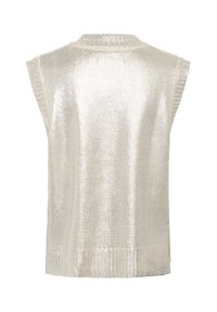 Harmaa metallinhohtoinen ilman hihoja oleva neule, jossa on teksturoitu neulekuvio. Varustettu pyöreällä pääntieellä ja ribbineuloksella hihoissa.