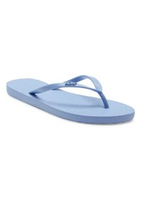 Blue flip-flop made of rubber with a textured footbed, thin straps, and a logo on the upper strap. Simple design with a flat sole.