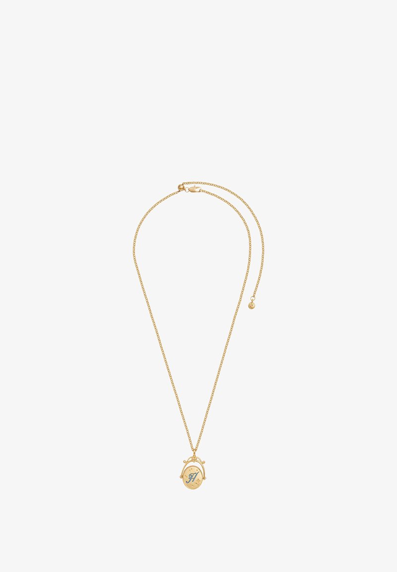 Kullatud kaelakee peene ahelaga ja ümmarguse ripatsiga, millel on graveeritud täht "H" ja türkiissinine aktsent.