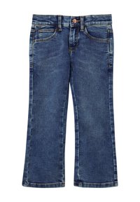 Donkerblauwe denim jeans met een rechte snit, vijf zakken, contrasterende stiksels, een knoopsluiting en een vervaagde wasstructuur.