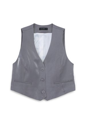 Gilet grigio con design a V, tre bottoni, due tasche frontali e una texture liscia. Interno foderato in tessuto bianco.