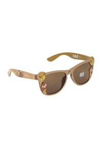 Occhiali da sole con una montatura marrone chiaro e texture, con personaggi dei cartoni animati del Re Leone. Lenti marrone scuro e tempie curve.