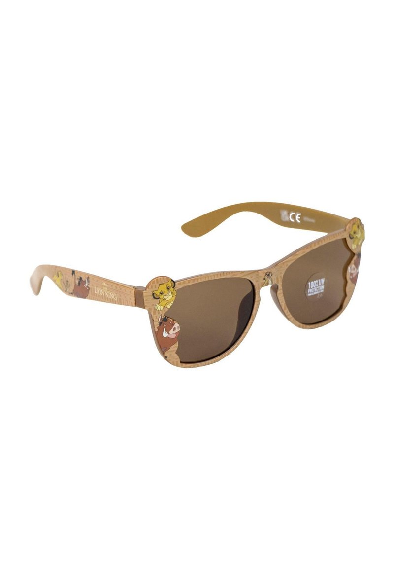 Occhiali da sole con una montatura marrone chiaro e texture, con personaggi dei cartoni animati del Re Leone. Lenti marrone scuro e tempie curve.