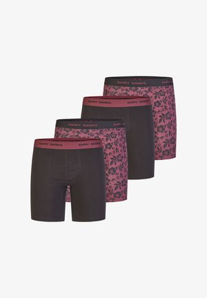 Zestaw czterech bokserów w kolorze ciemnoszarym z kwiecistym wzorem w kolorze burgundowym i czarnym. Elastyczny pas z napisem "HAPPY SHORTS."