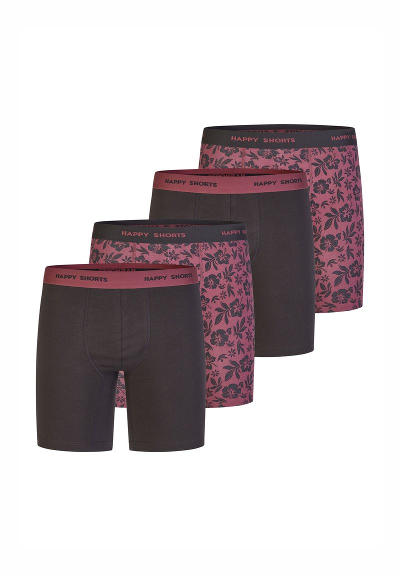 Sada čtyř boxerky v tmavě šedé barvě a s květinovým vzorem v burgundské a černé barvě. Elastický pas s nápisem "HAPPY SHORTS."