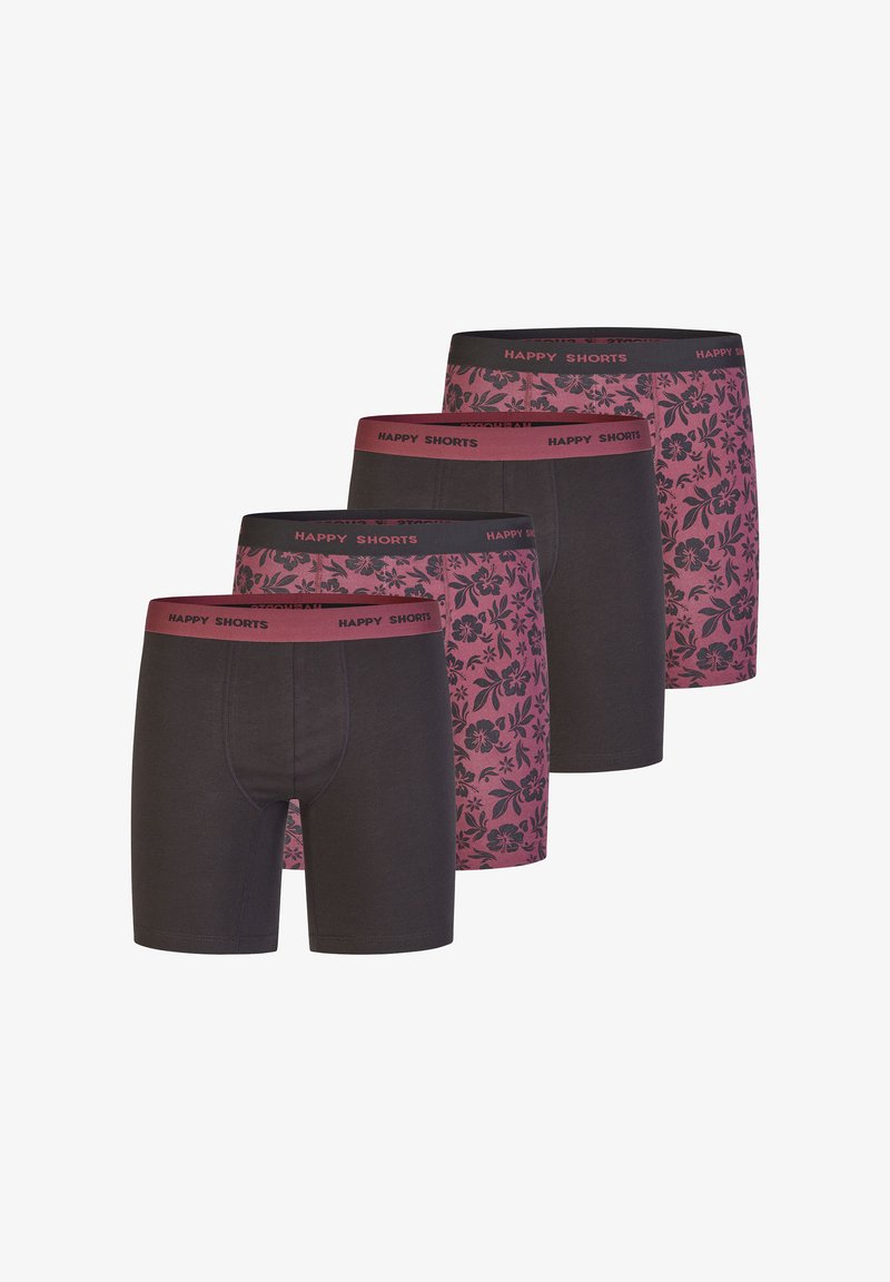 Zestaw czterech bokserów w kolorze ciemnoszarym z kwiecistym wzorem w kolorze burgundowym i czarnym. Elastyczny pas z napisem "HAPPY SHORTS."