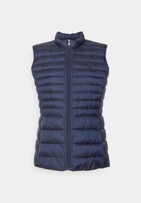 Marinblå quiltad ärmlös väst med framzipper, hög krage, sidofickor och broderad RLL-logotyp på vänster bröst.