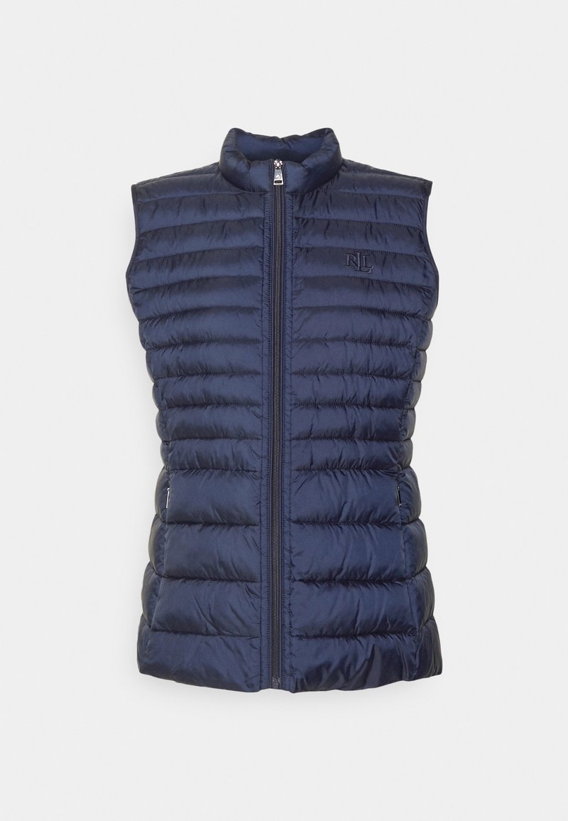 Marinblå quiltad ärmlös väst med framzipper, hög krage, sidofickor och broderad RLL-logotyp på vänster bröst.