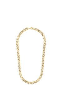 Gouden metalen ketting met interlocking schakel, een gladde textuur en een veilige sluiting. Lengte van ongeveer 46 centimeter.