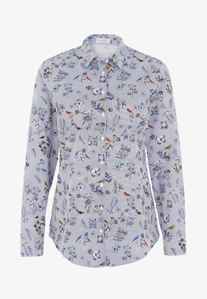 Long-sleeve button-up shirt in light blue with striped pattern, featuring colorful floral and bird prints throughout. Soft cotton fabric.