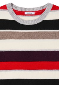 Gestreifter Strickpullover mit horizontalen Bändern in Rot, Schwarz, Weiß, Grau, Dunkelbraun und Lila. Rippkragen und Etikett mit der Aufschrift "CECIL."