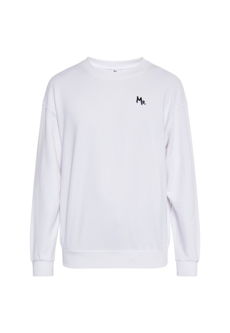 Weißer Pullover mit langen Ärmeln, rundem Ausschnitt, gerippten Bündchen und Saum, mit einem kleinen schwarzen "Mr."-Logo auf der linken Brustseite.