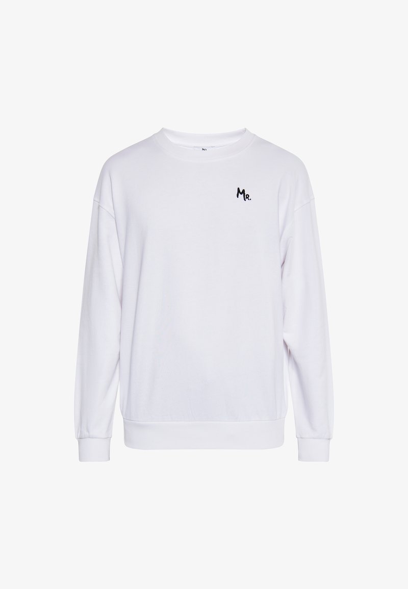 Weißer Pullover mit langen Ärmeln, rundem Ausschnitt, gerippten Bündchen und Saum, mit einem kleinen schwarzen "Mr."-Logo auf der linken Brustseite.