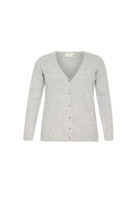 Lichtgrijze cardigan van zacht materiaal, met een v-hals, lange mouwen en zes knoopsluitingen aan de voorkant.