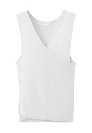 Haut en tricot blanc sans manches avec col en V et devant croisé, fabriqué en tissu doux et texturé.