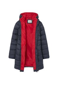 Pildīta ziemas jaka tumši zilā krāsā, ar siltu sarkanu odere, kapuci un pilnīgu rāvējslēdzēju. Dziļš tekstūra ar gludu apdari.