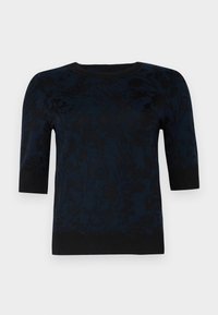 Mörkblå blommönstrad tröja med en texturerad design, korta ärmar och en kontrasterande svart ribbad nck och nederkant.