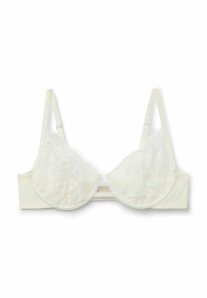 Spitzen-BH in cremefarben mit vorgeformten Körbchen, dünnen verstellbaren Trägern und dekorativem Blumenmuster auf dem Stoff. Verfügt über einen Hakenverschluss.