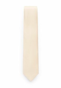 Beige sidenfluga med en slät yta och subtil diagonalmönster. Har en spetsig ände och en smal design som är lämplig för formella tillfällen.