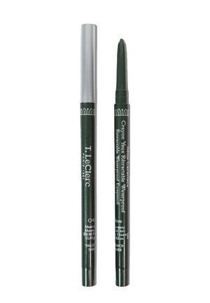 Deux crayons eye-liner rétractables étanches de couleur vert foncé, l'un avec le capuchon et l'autre avec la mine apparente, étiquetés T. LeClerc Paris.