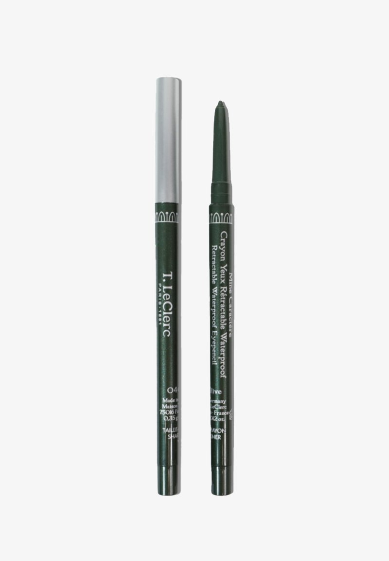 Deux crayons eye-liner rétractables étanches de couleur vert foncé, l'un avec le capuchon et l'autre avec la mine apparente, étiquetés T. LeClerc Paris.