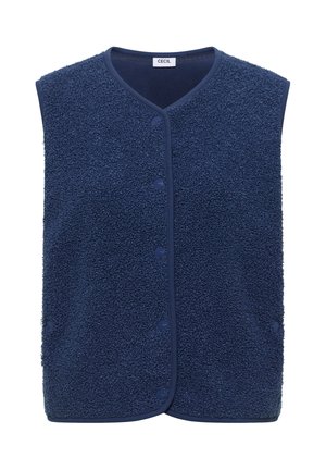 Veste sans manches en polaire bleu marine avec une surface texturée et un col rond, étiquette "CECIL" à l'intérieur du col.