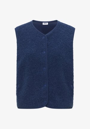 Veste sans manches en polaire bleu marine avec une surface texturée et un col rond, étiquette "CECIL" à l'intérieur du col.