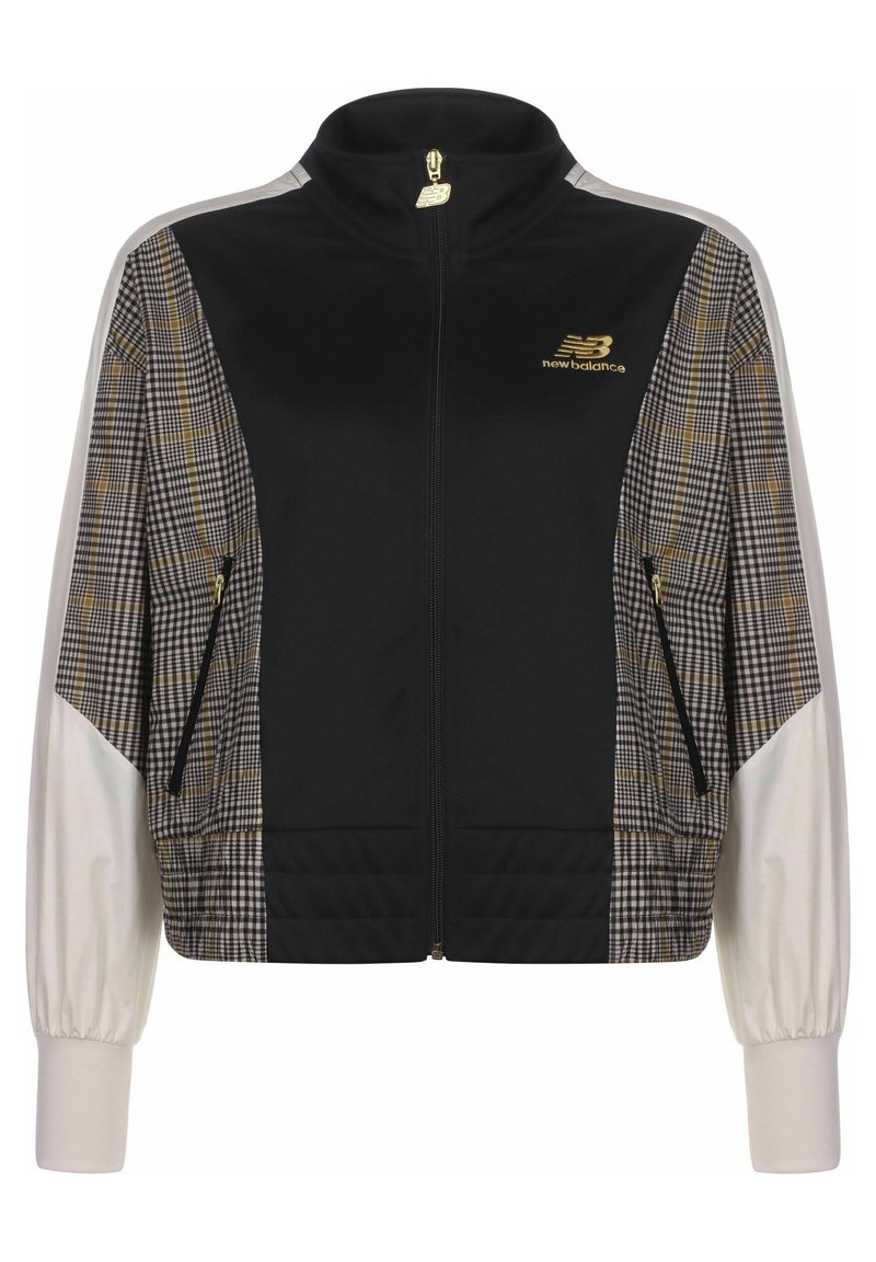 Black zip-up jacket with beige and brown plaid side panels, white long sleeves, and gold New Balance logos on chest and zipper pull.
