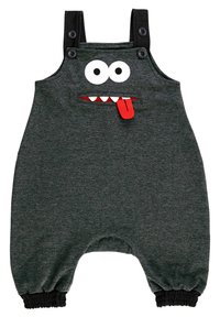 Grå overaller med svarta remmar som har en tecknad monstermask; stora vita ögon, vassa tänder och en röd tungaccent. Mjuk tyg, elastiska ärmslut.