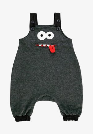 Graue Latzhosen mit schwarzen Trägern, die ein Cartoon-Monstergesicht zeigen; große weiße Augen, spitze Zähne und ein roter Zungenausdruck. Weicher Stoff, elastische Bündchen.