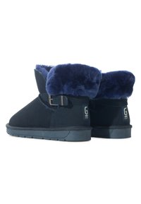 Botines de ante azul con un amplio puño de piel de pelo azul, con una cinta decorativa y hebilla, suela de goma con surcos de tracción.