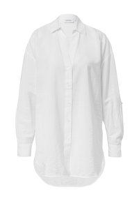 White long-sleeve shirt, button-up front, collar, slightly oversized fit, made from lightweight fabric with a smooth texture and curved hem.