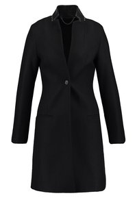 Cappotto in misto lana nero con maniche lunghe, collo con l'apertura a bavero, chiusura con un solo bottone e due tasche frontali. Decorato con un colletto nero lucido.