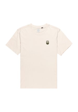 Cotton t-shirt in light beige with short sleeves. Features a small green and black emblem on the left chest area. Classic crew neck design.