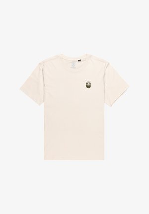 Cotton t-shirt in light beige with short sleeves. Features a small green and black emblem on the left chest area. Classic crew neck design.